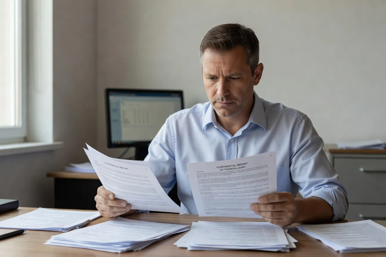 Homme au bureau consulte des documents officiels pour vérifier une agence matrimoniale