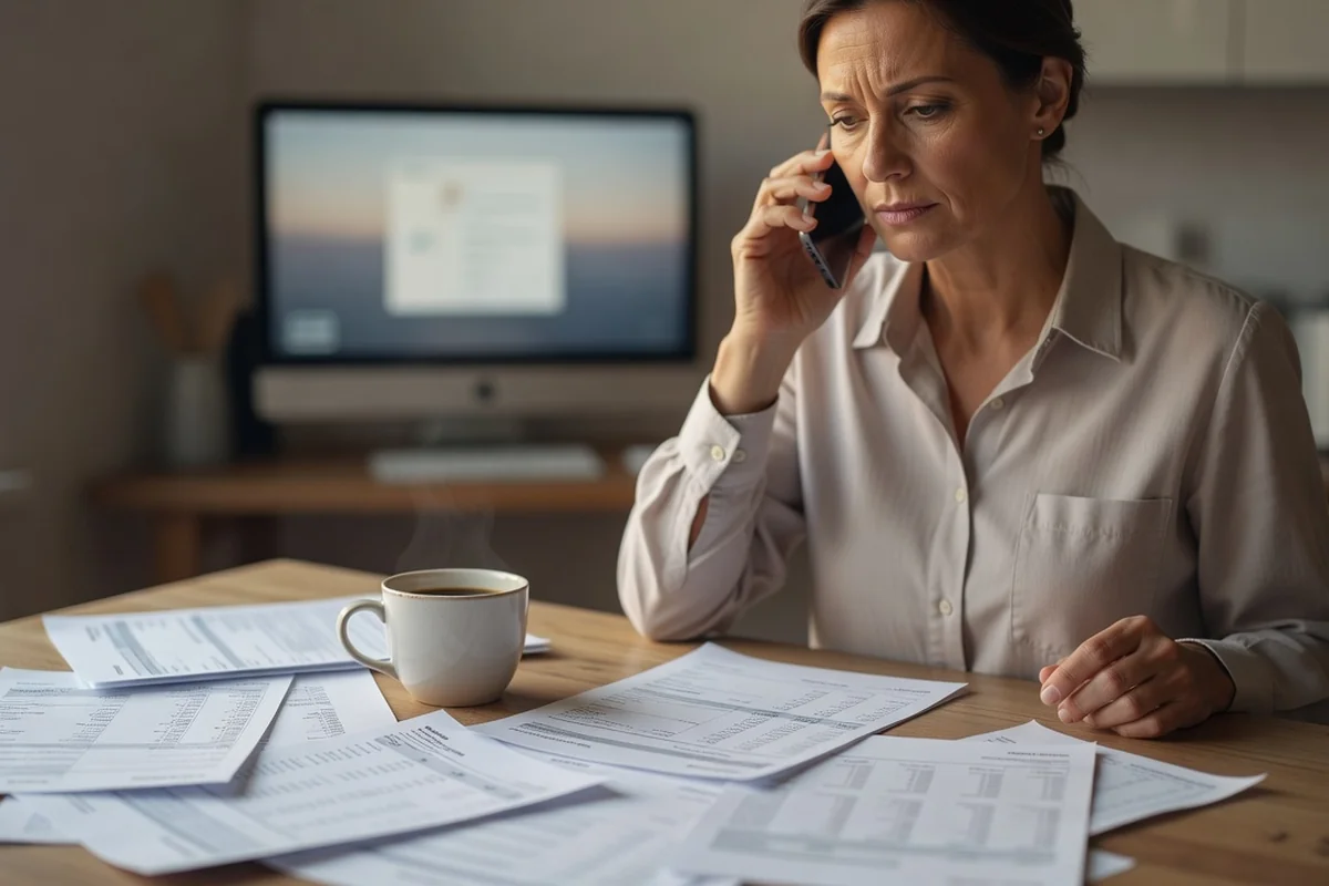 Personne au téléphone avec le service fraude de sa banque, relevés bancaires étalés sur la table, ordinateur portable flou en arrière-plan