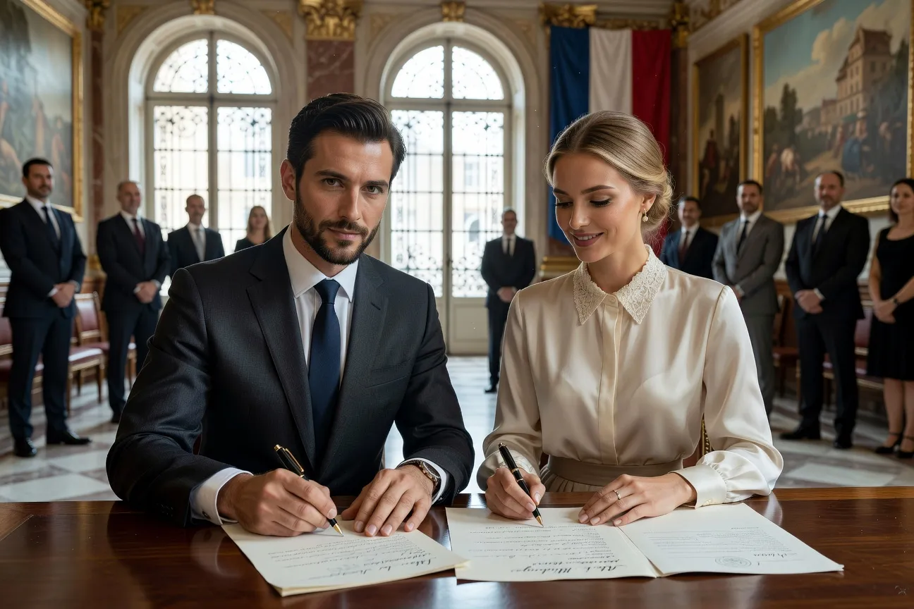 Couple franco-russe signant des documents officiels à la mairie