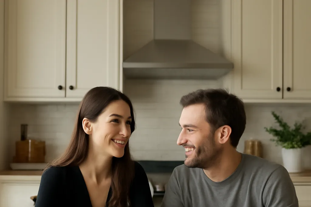 Couple souriant discutant autour d'une table, moment de complicité malgré la barrière de la langue