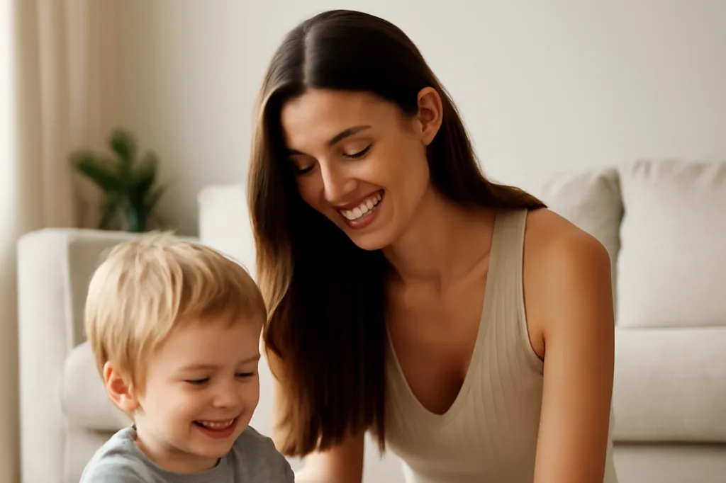Femme jouant avec un enfant, moment familial chaleureux dans un salon lumineux