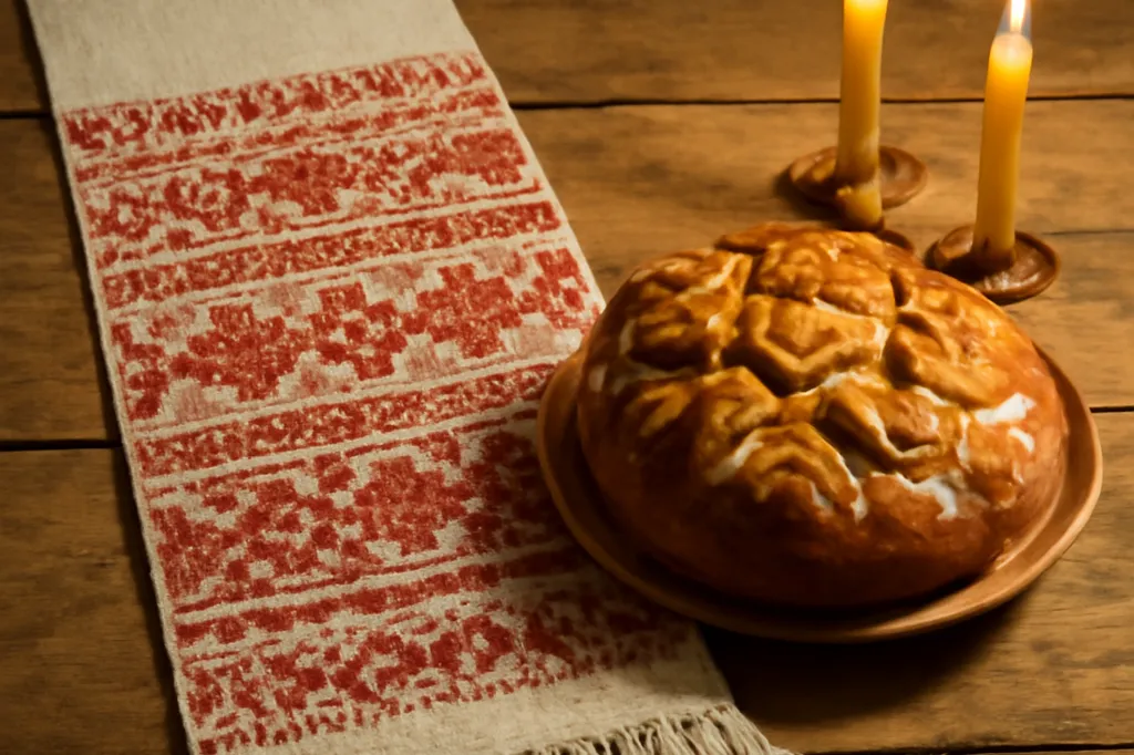 Rushnyk brodé rouge et blanc posé sur une table en bois avec pain rituel et bougies, décor de cérémonie slave