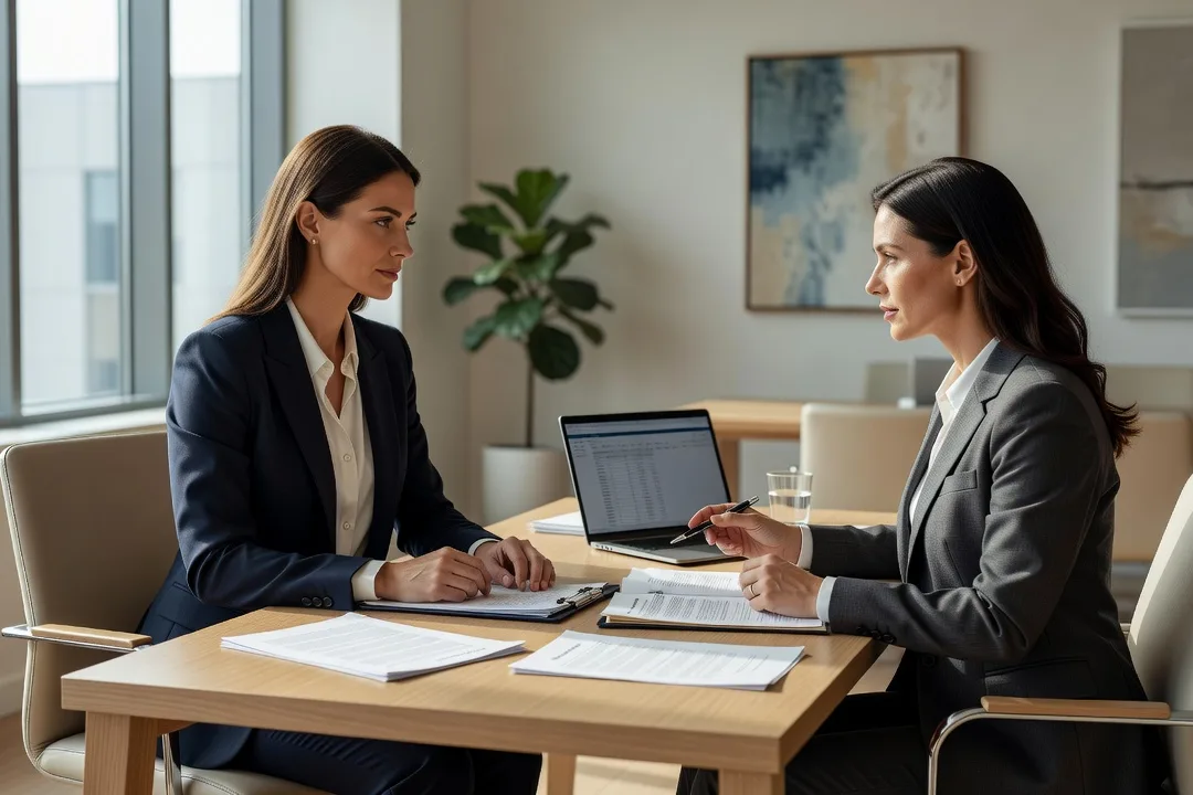 Femme consultant des documents juridiques avec une avocate dans un bureau lumineux