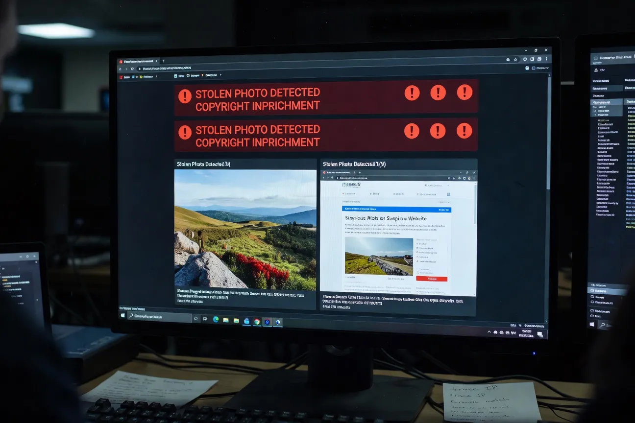 Écran d’ordinateur montrant une vérification d’image inversée sur un profil de rencontre