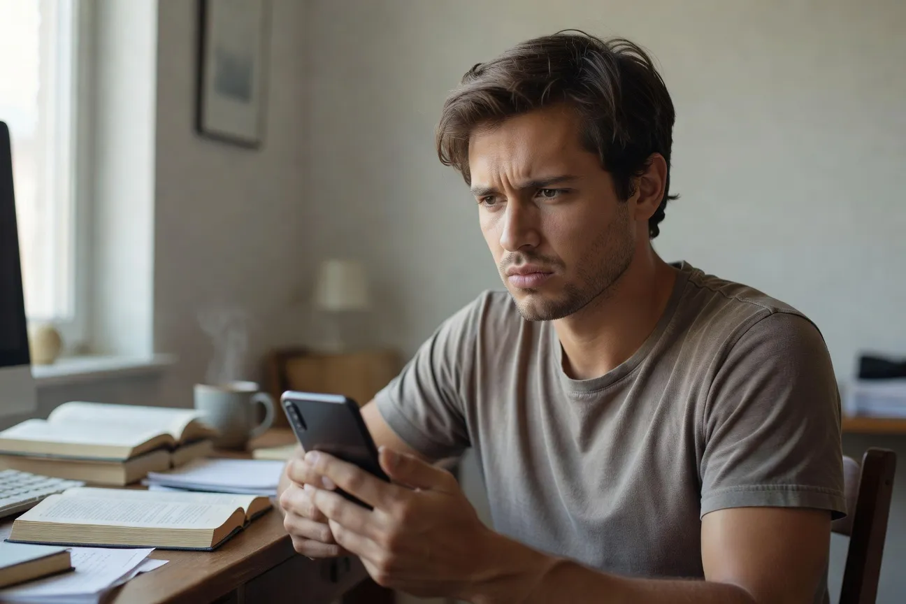 Personne utilisant son smartphone pour vérifier un profil de rencontre suspect