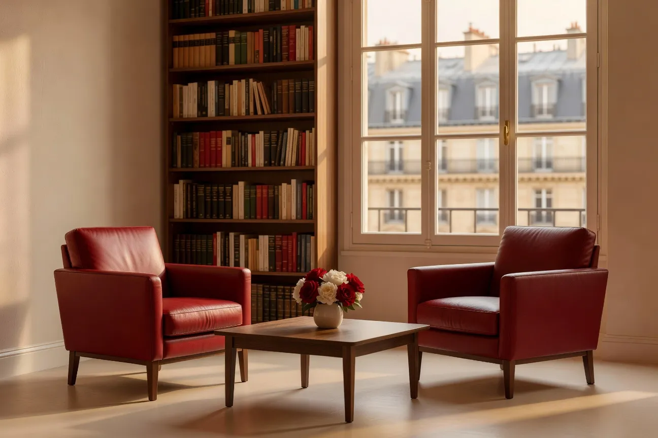 Scène d'entretien dans un bureau parisien feutré, deux personnes en discussion devant un dossier ouvert