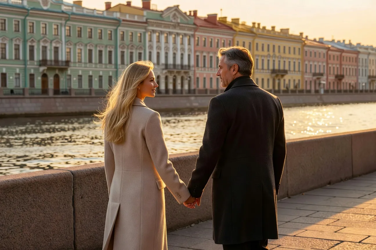 Couple franco-russe lors d'une rencontre dans un café de Saint-Pétersbourg, ambiance lumineuse et naturelle