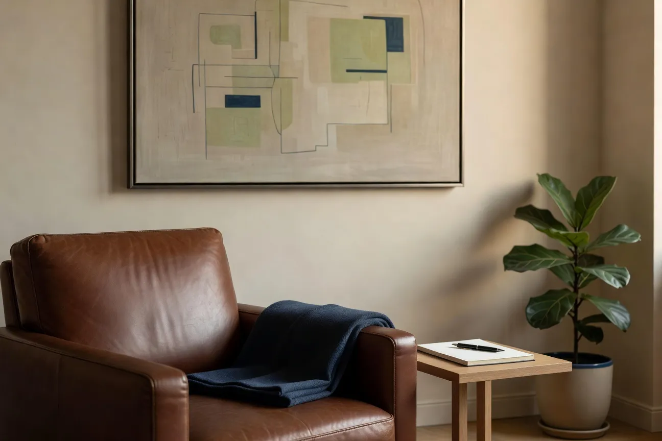 Cabinet de psychologie lumineux, fauteuils club, ambiance feutrée et apaisante