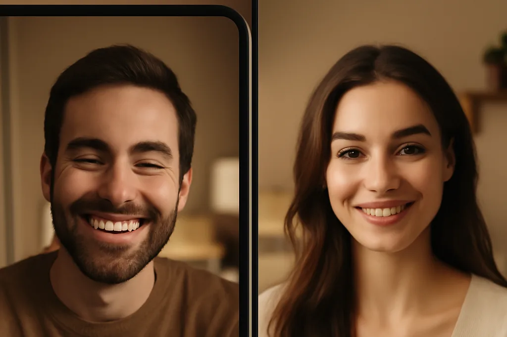 Homme et femme en appel vidéo souriant, moment de connexion malgré la distance
