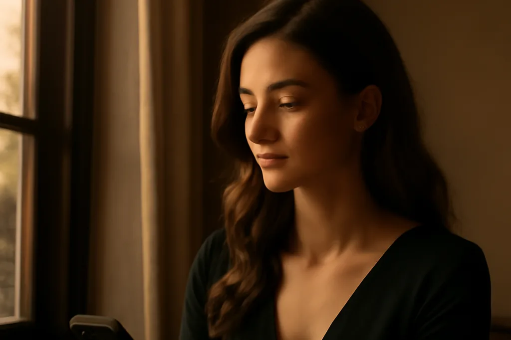 Femme pensive regardant son téléphone près d'une fenêtre au crépuscule