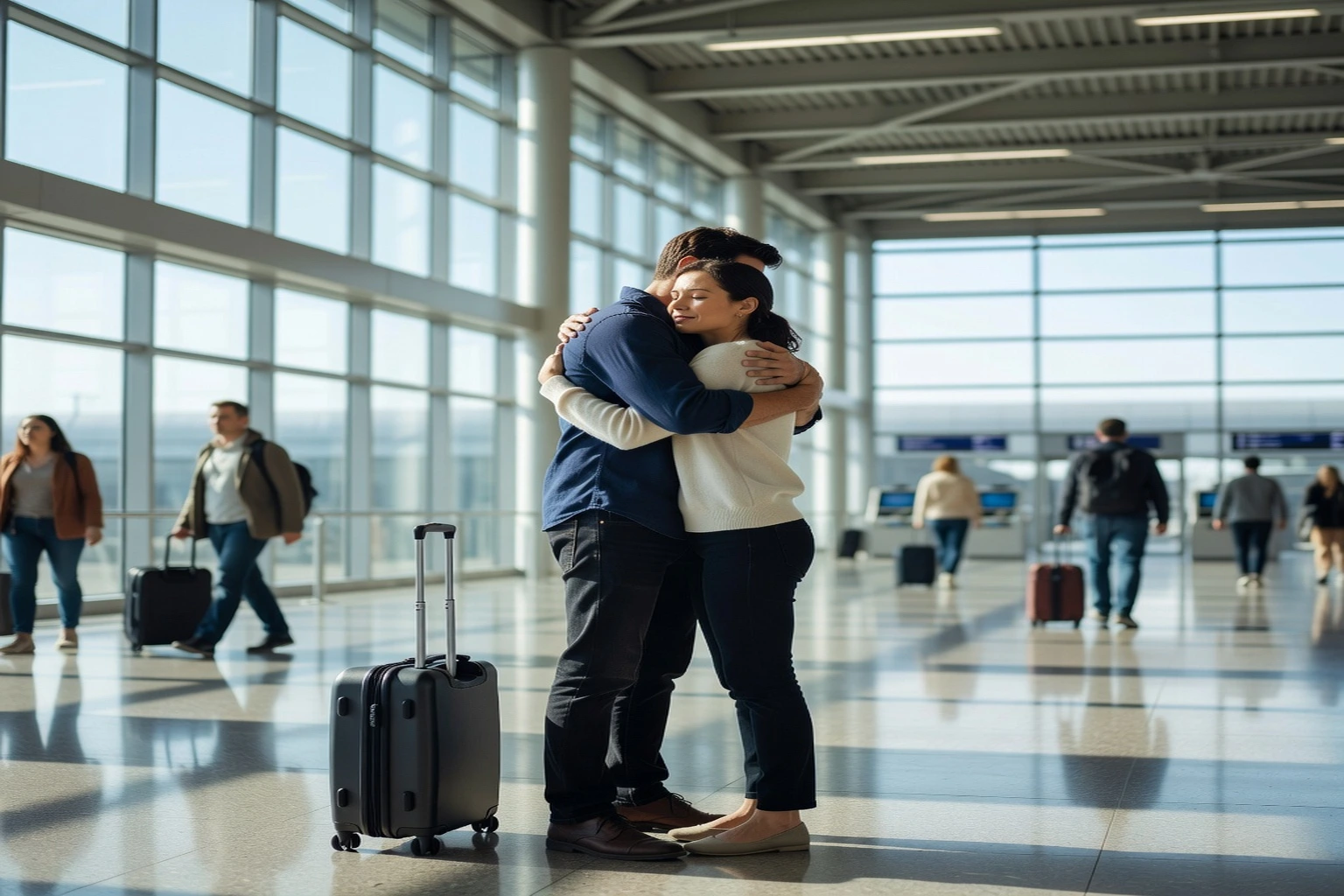 Couple se retrouvant et s'étreignant dans le hall des arrivées d'un aéroport, une valise posée à côté d'eux
