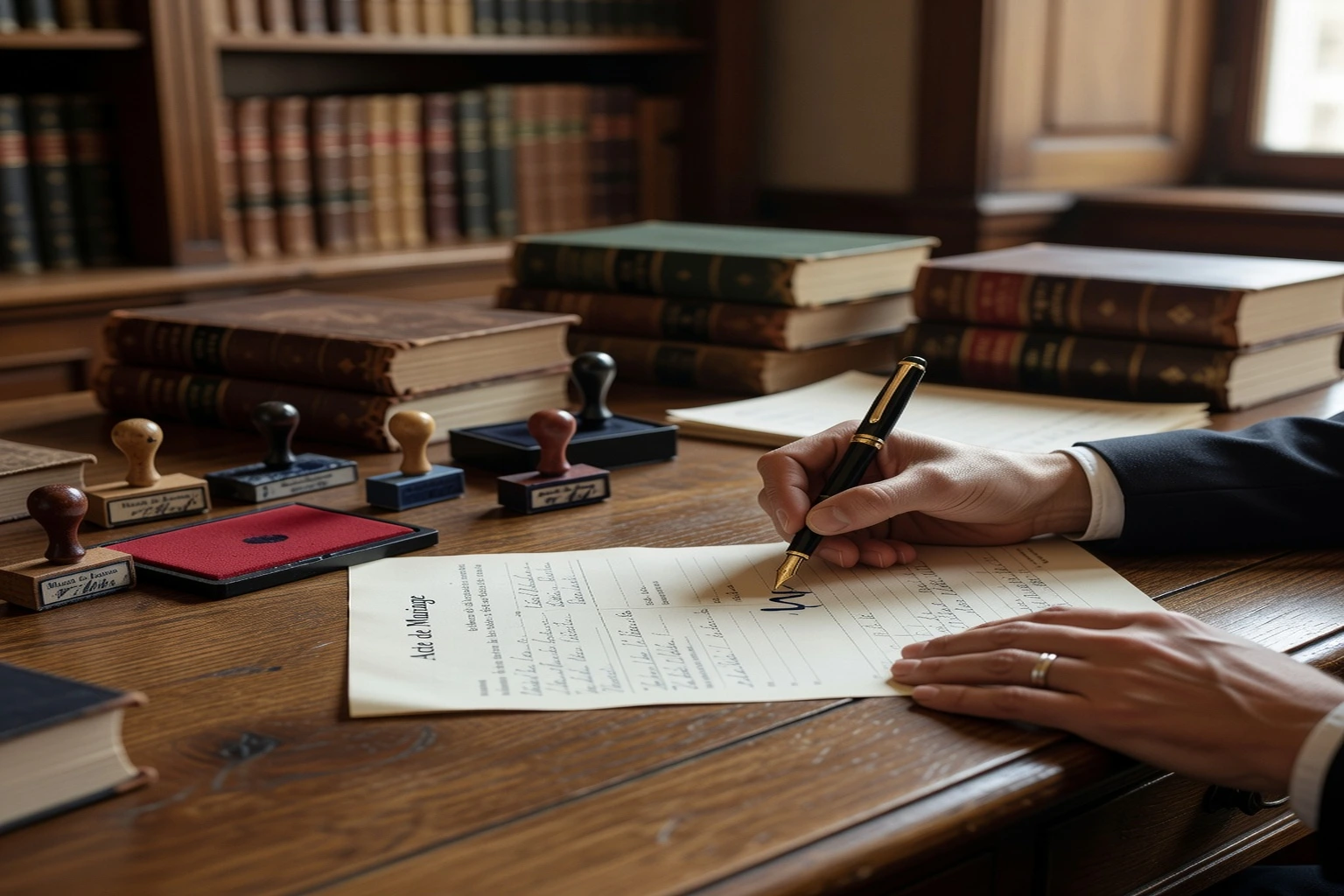 Mains signant un acte officiel devant un officier de l'état civil, stylo et tampon sur un bureau de mairie