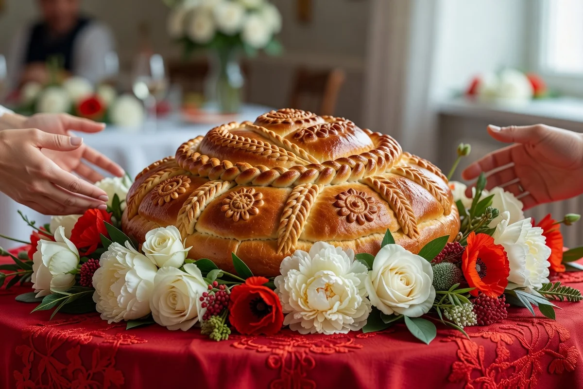 Table de réception de mariage franco-slave avec un karavaï décoré posé sur un linge brodé rouge, entouré de fleurs