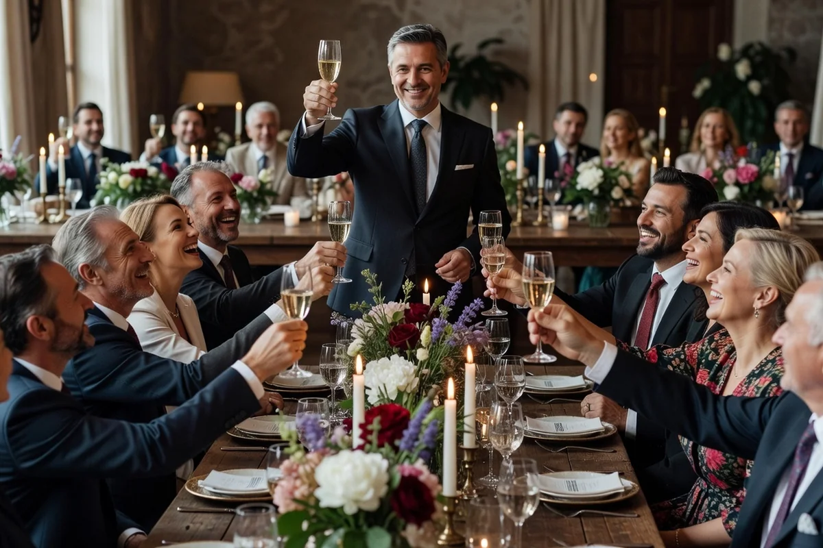 Maître de cérémonie levant son verre pour un toast pendant le banquet d'un mariage franco-slave, invités souriants autour des tables décorées