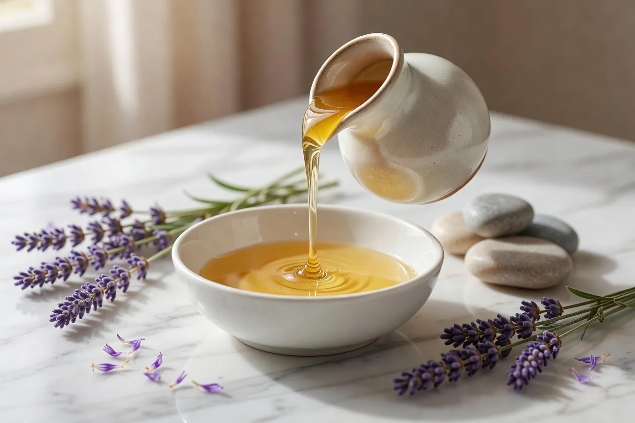 Salle de massage californien avec table en bois clair, draps de coton blanc, huiles essentielles posées sur une étagère et lumière chaude
