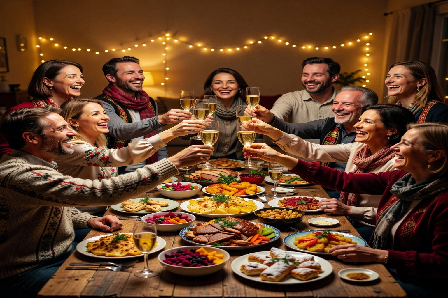 Famille franco-slave levant ses verres de champagne autour d'une table de Nouvel An garnie de plats, guirlandes lumineuses en arrière-plan