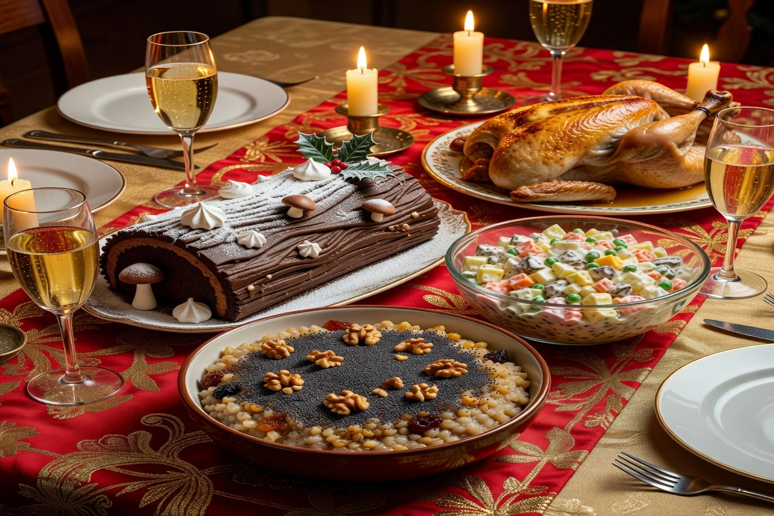 Table de fêtes franco-slave avec bûche de Noël, bol de kutia garni de pavot, salade Olivier et verres de champagne