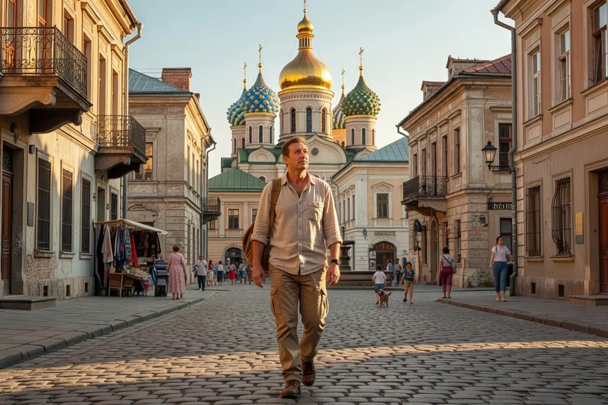 Rue animée d'une ville russe ou ukrainienne, lieu public propice à une première rencontre en toute sécurité