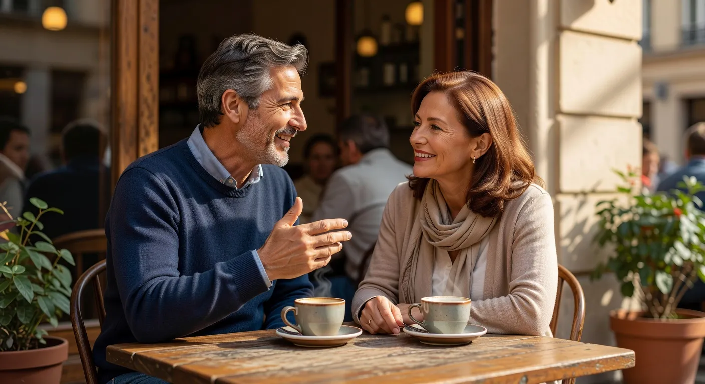Couple mature en discussion animée autour d'un café — rencontre sérieuse après 50 ans