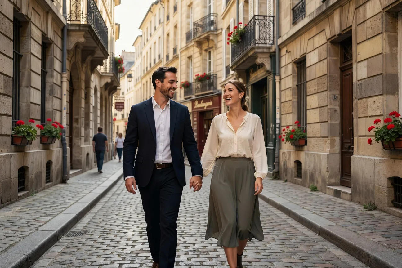 Couple franco-slave heureux en promenade dans une ville française
