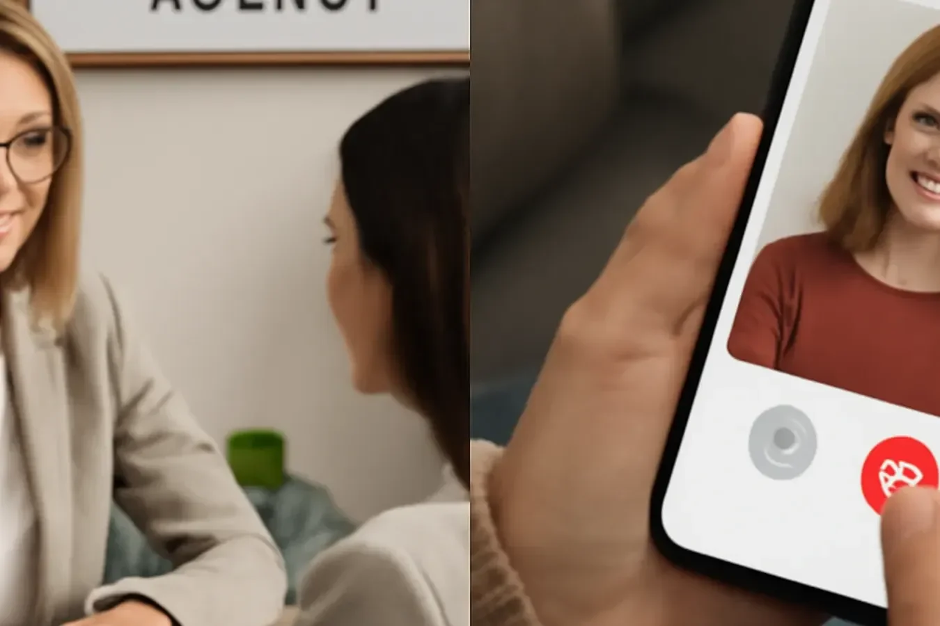 Comparaison visuelle entre bureau d'agence matrimoniale physique et interface d'application de rencontre