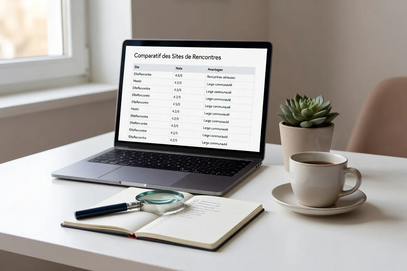 Personne consultant un annuaire de sites de rencontre sur un ordinateur portable, ambiance de bureau lumineuse et professionnelle
