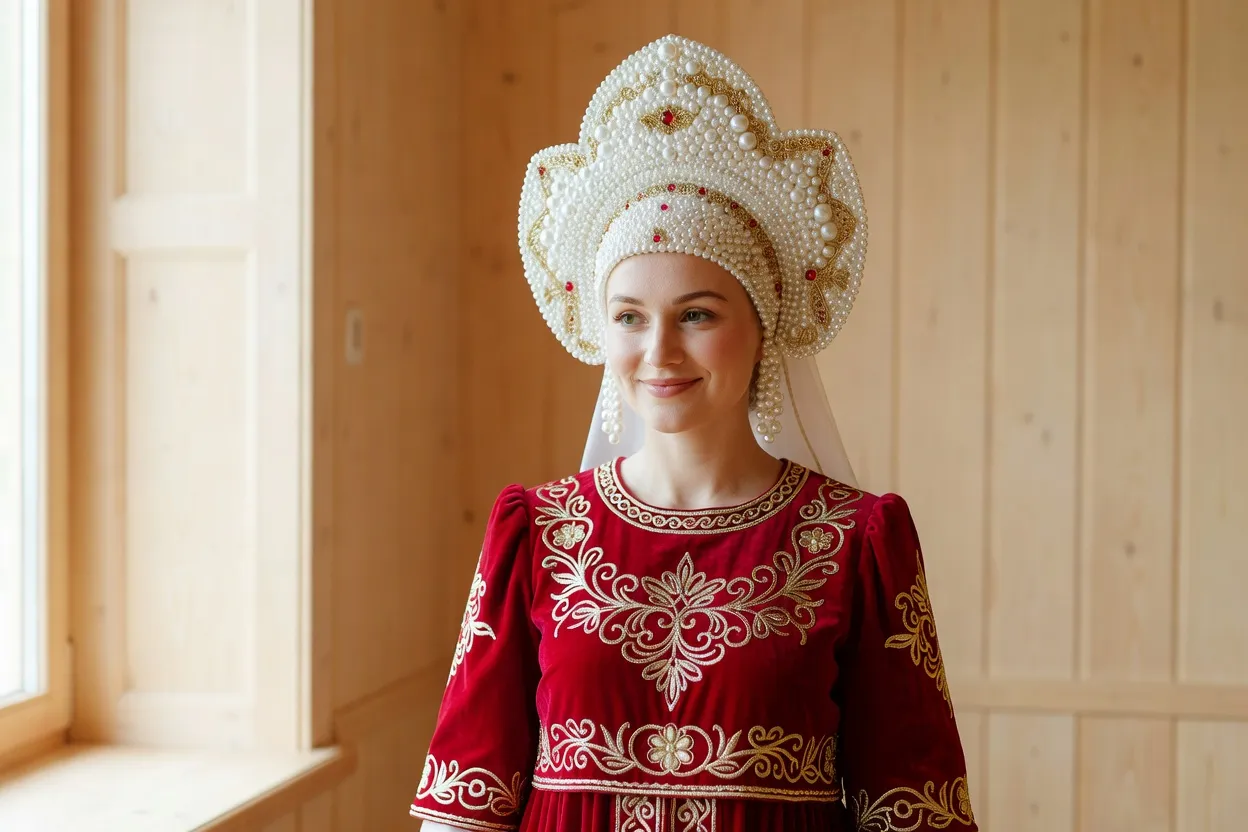 Mariée en sarafan brodé rouge et kokochnik perlé posant dans un intérieur lumineux aux boiseries claires