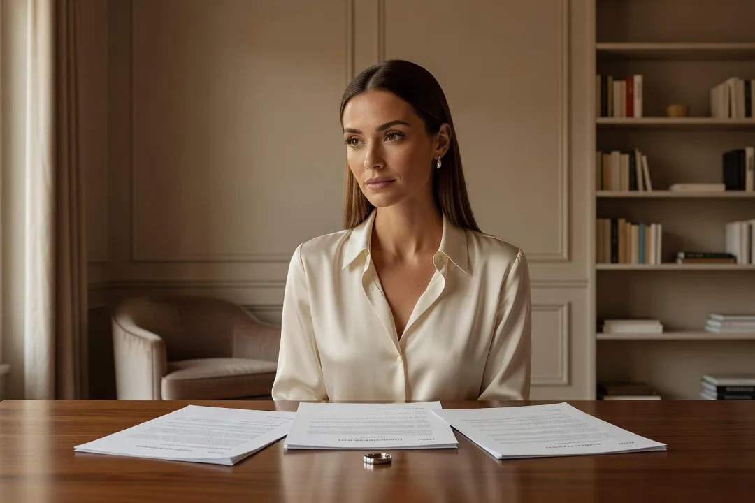 Femme assise à une table, dossier de documents administratifs et alliance posée à côté, réflexion sur une séparation