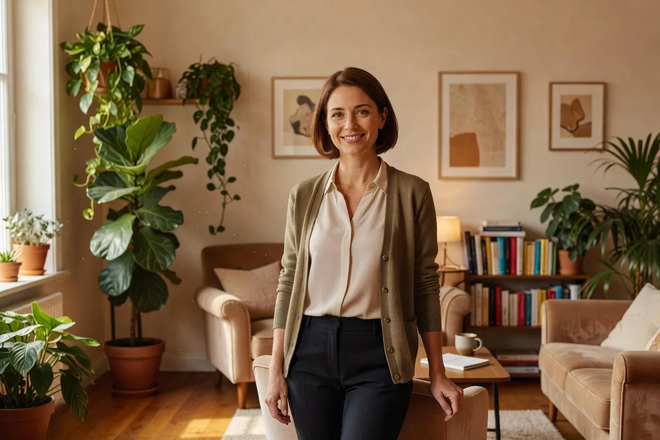 Portrait chaleureuse d'une psychologue spécialisée en couples interculturels dans son cabinet