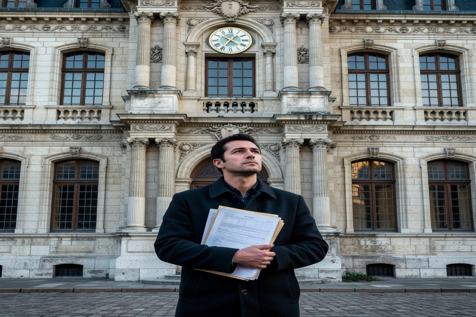 Homme tenant un dossier de dossiers administratifs devant la façade classique d'une mairie française, un jour d'hiver