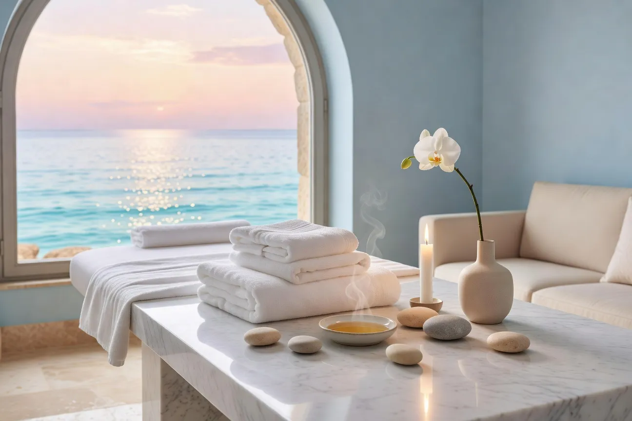 Salle de massage zen à Nice, table de soin avec serviettes blanches, bougies et plantes vertes, ambiance lumineuse et apaisée