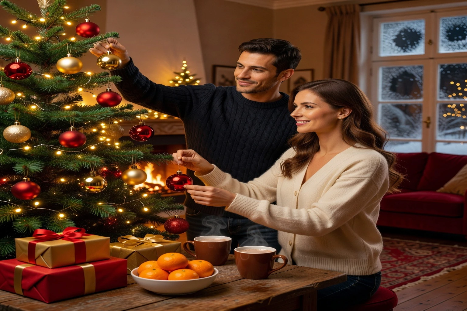 Couple franco-slave décorant son sapin dans un salon chaleureux, guirlandes dorées et boules rouges, boissons chaudes posées sur une table en bois