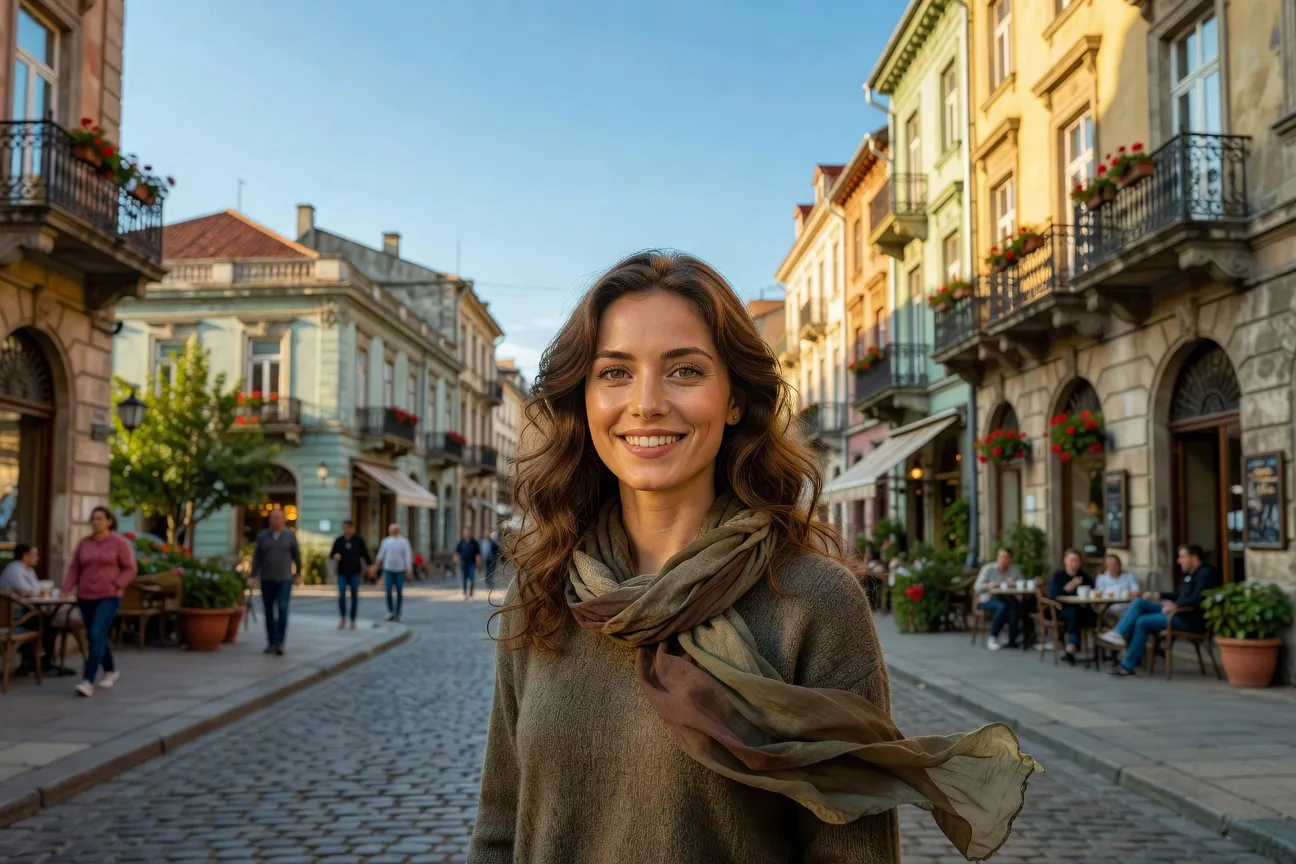 Femme slave souriante en ville, symbole rencontres internationales 2026