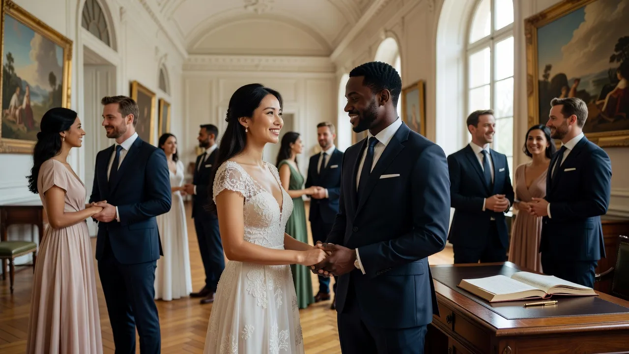 Couple international lors d'une première rencontre facilitée par une agence matrimoniale