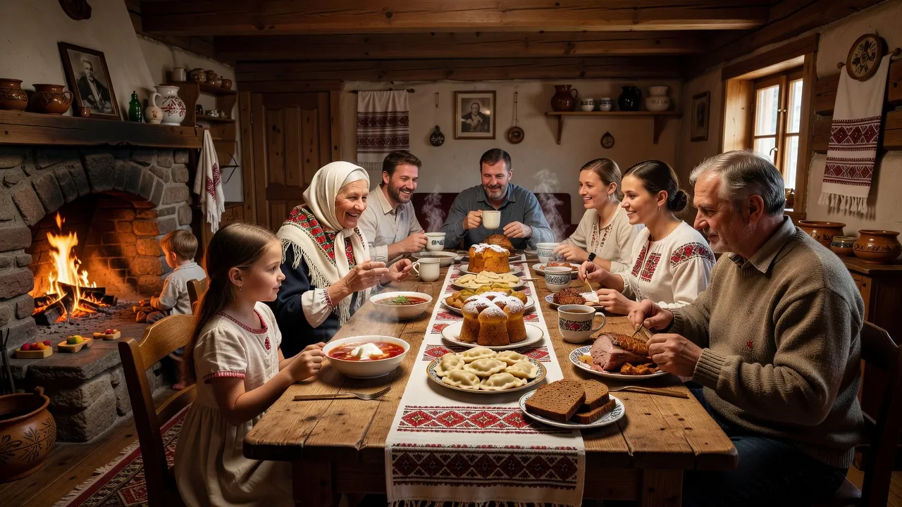 Rassemblement familial avec des traditions slaves, scène domestique chaleureuse