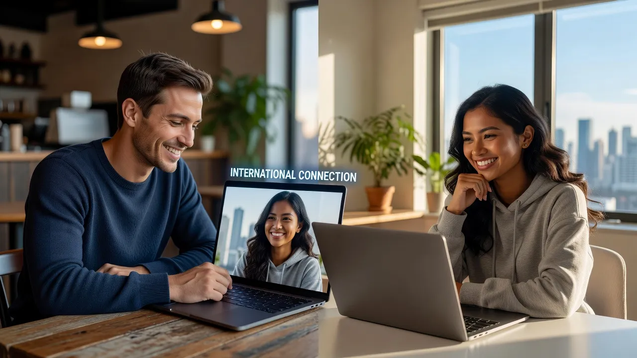 Couple en appel vidéo entre deux pays, connexion internationale authentique