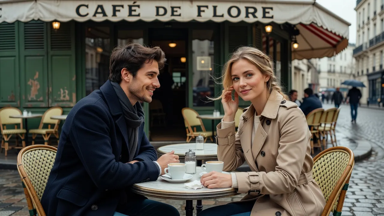 Premier rendez-vous entre un homme français et une femme slave dans un café parisien