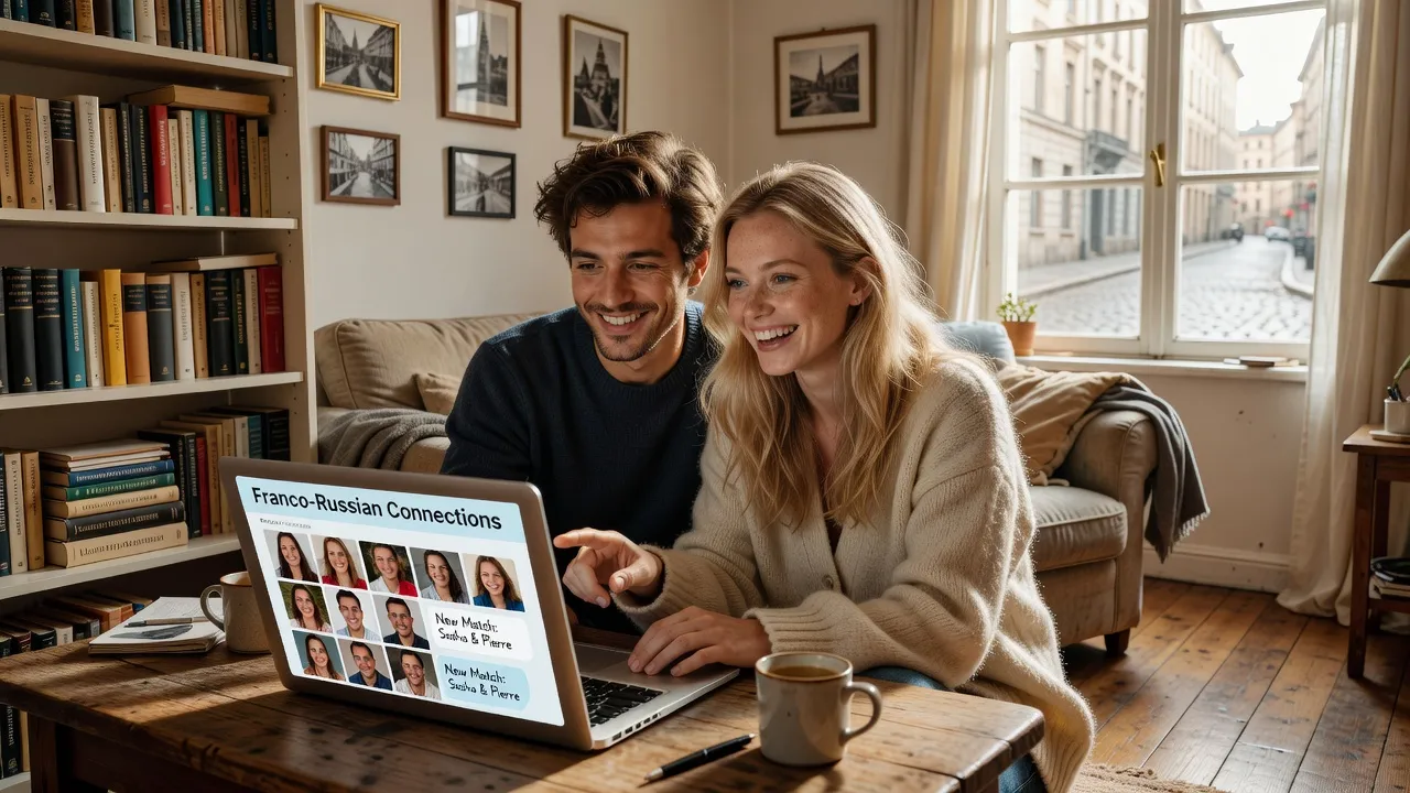 Couple franco-russe souriant en train d'utiliser une plateforme de rencontre en ligne