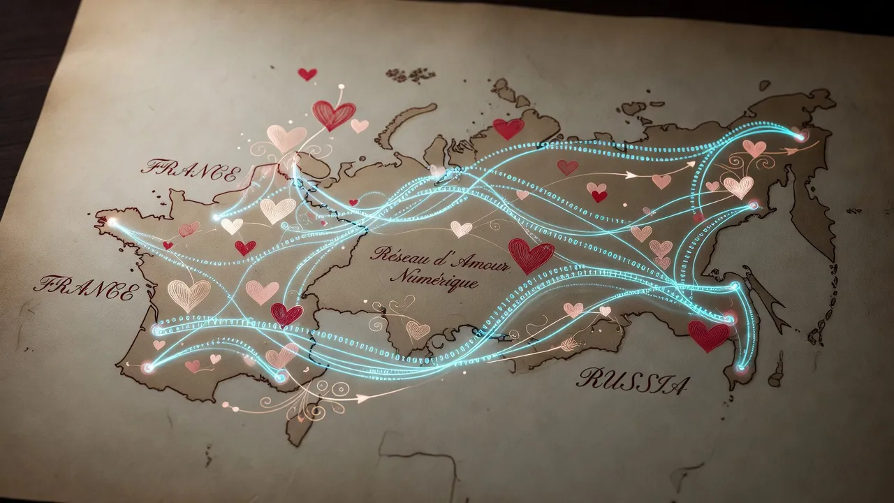 Carte montrant la France et la Russie connectées par un réseau de rencontre international