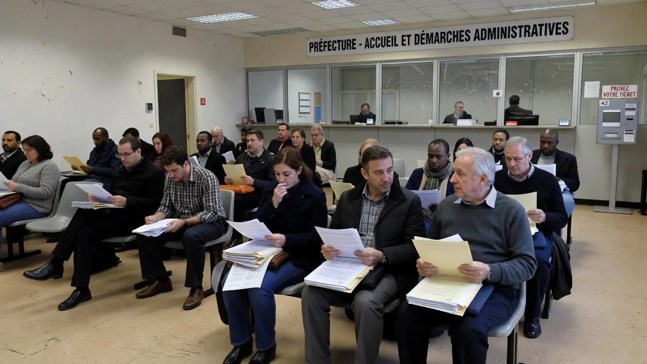 Salle d'attente d'une préfecture française, couples avec dossiers