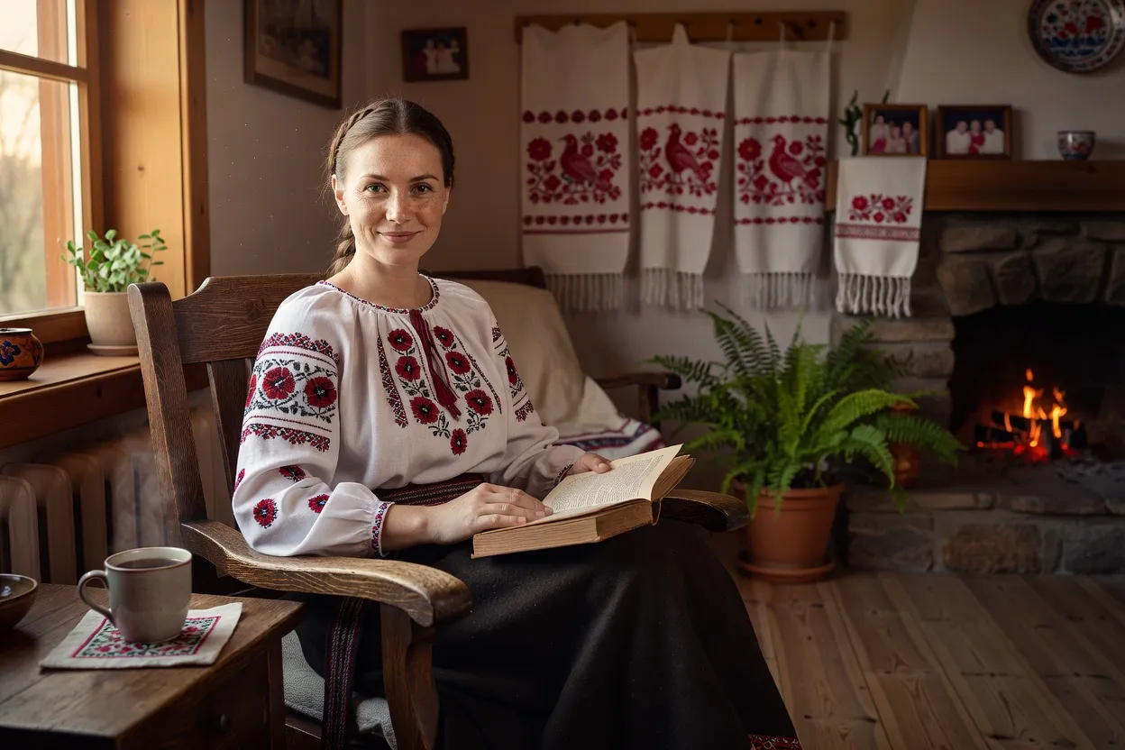 Femme slave en environnement familial traditionnel, atmosphère chaleureuse et authentique
