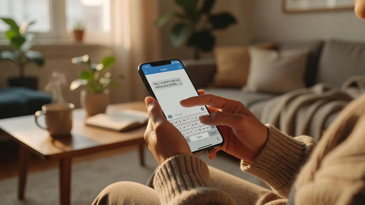 Personne tapant un premier message sur une application de rencontre, ambiance moderne et chaleureuse